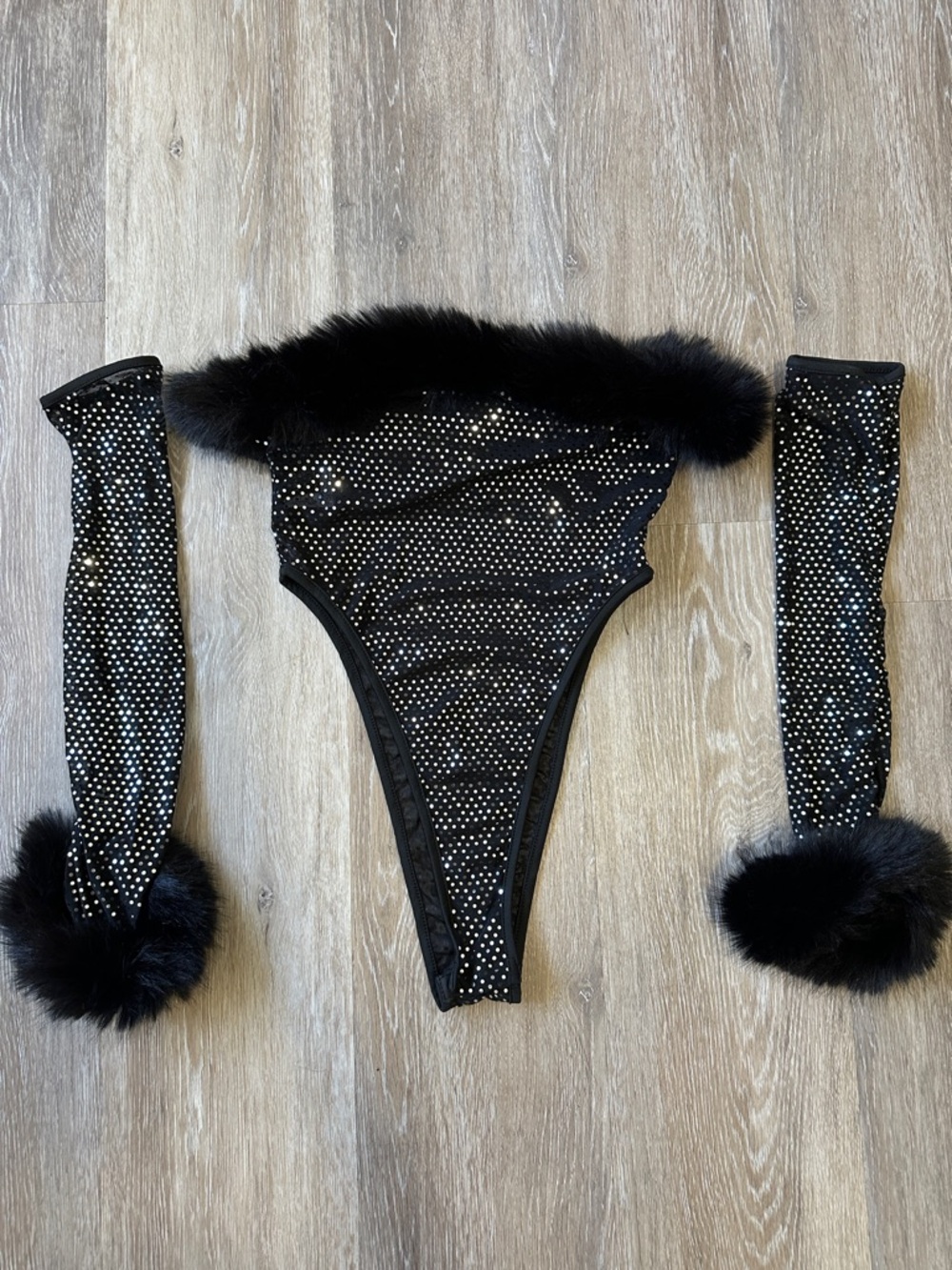 Black Sparkle Mesh Lingerie bodysuit 3 piece set